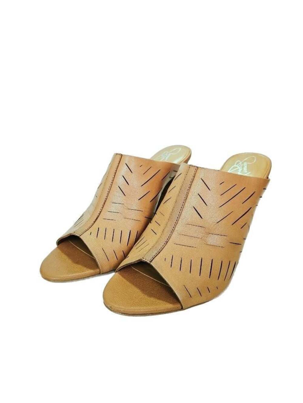 Report Signature Braden Tan Laser-Cut Peep Toe Mules Size 10 Shoes